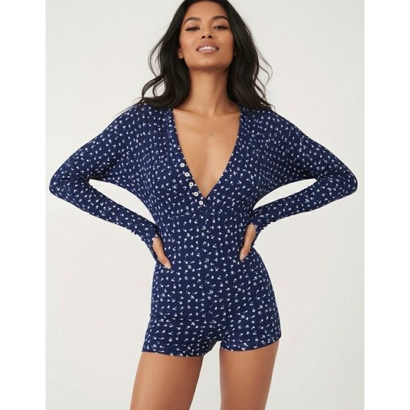 Free People Other - Free People Navy Floral L/S Thumbhole Romper PJ | Soft Girl Boho Coquette Lounge